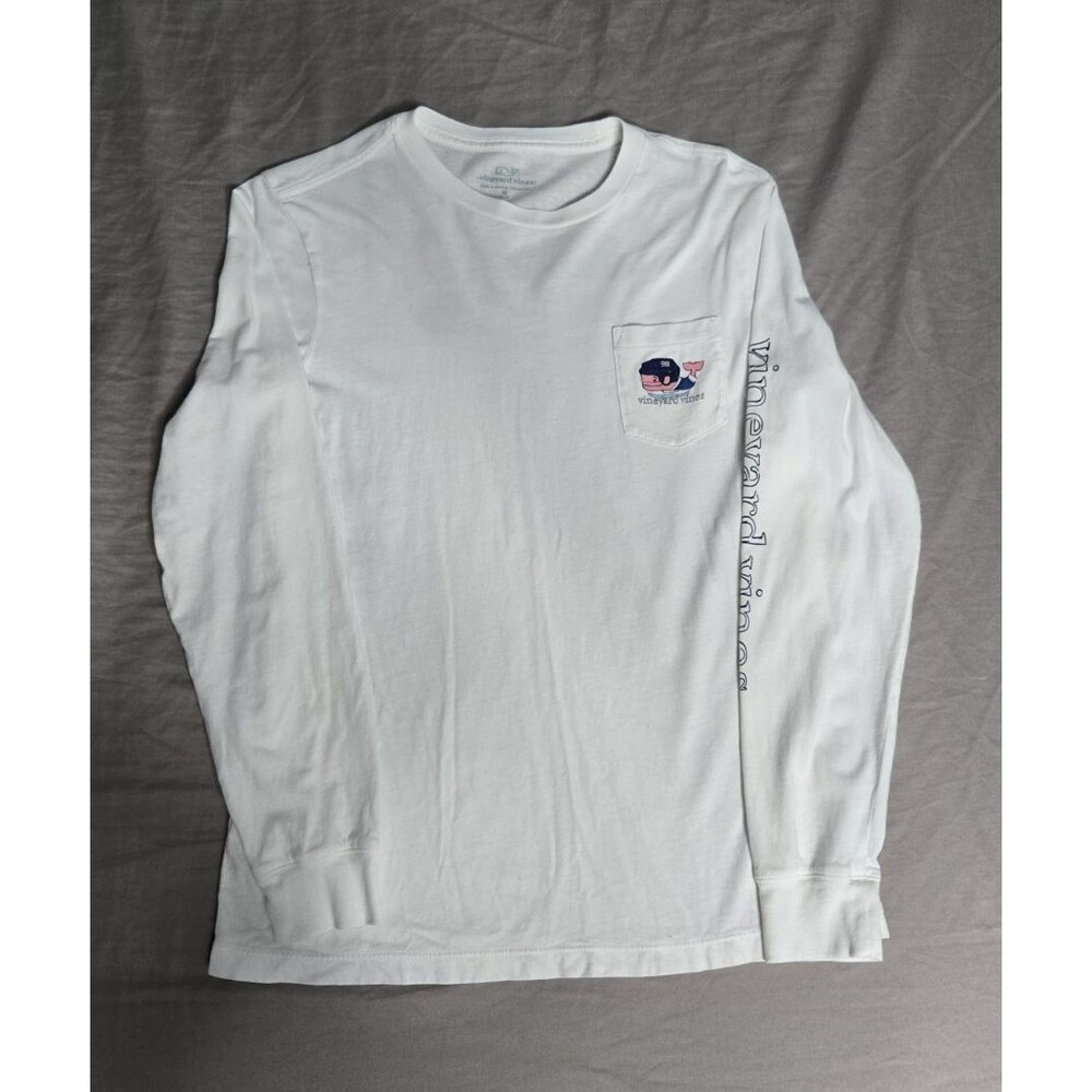 Vineyard Vines Boy’s M White Long Sleeve Pocket Tee Whale Hockey Graphic